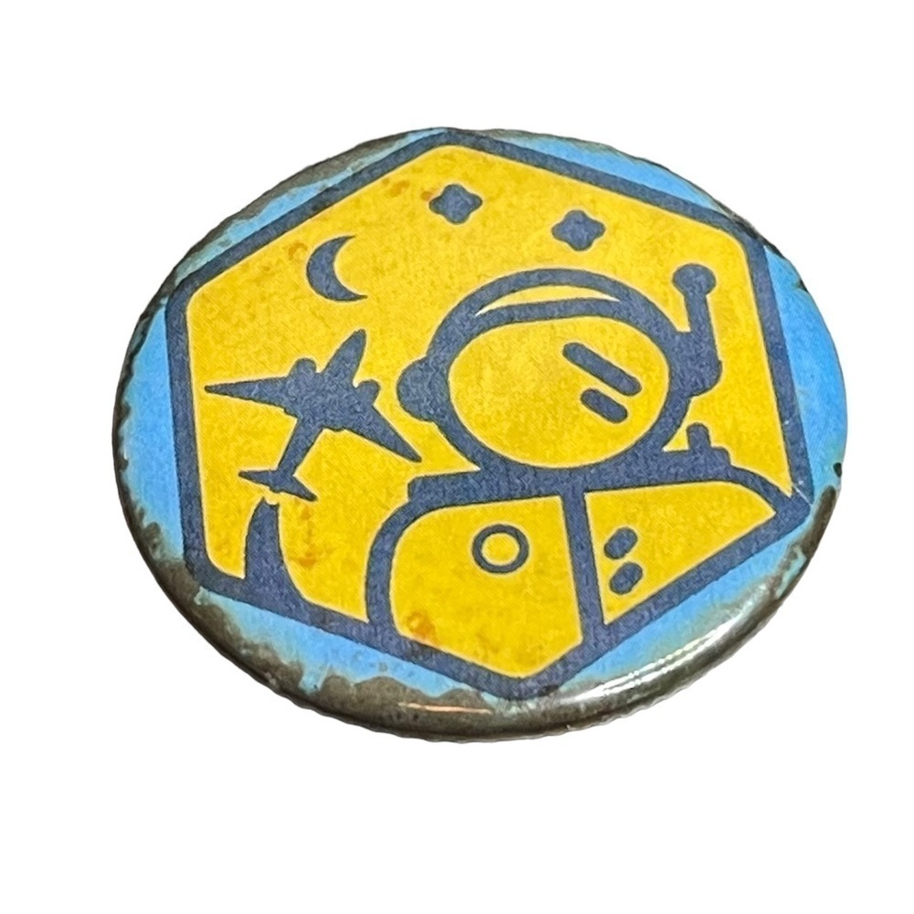 Vintage 70’s Astronaut Spaceship Pin Yellow &‎ Blue Over Silver Toned Metal Back